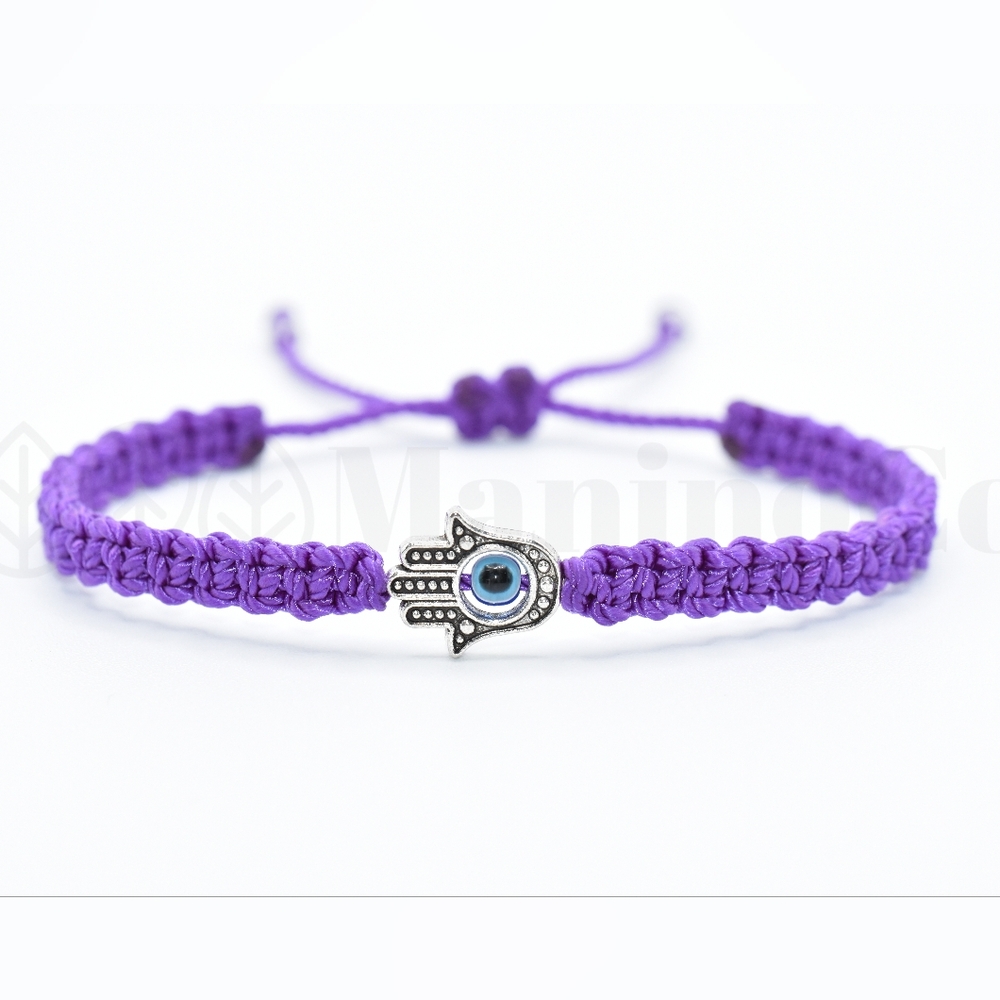 Hamsa hand bracelet, evil eye, purple string